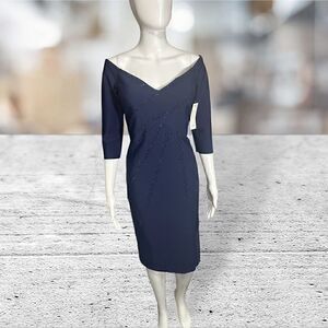 Rene Ruiz Blue Jeweled Off Shoulder 3/4‎ Sleeve Cocktail Dress